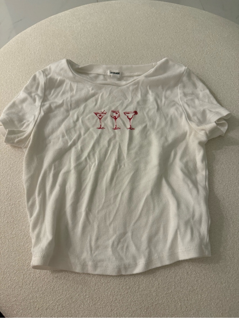 Garage White Crop Tee with Red Cocktail Embroideries